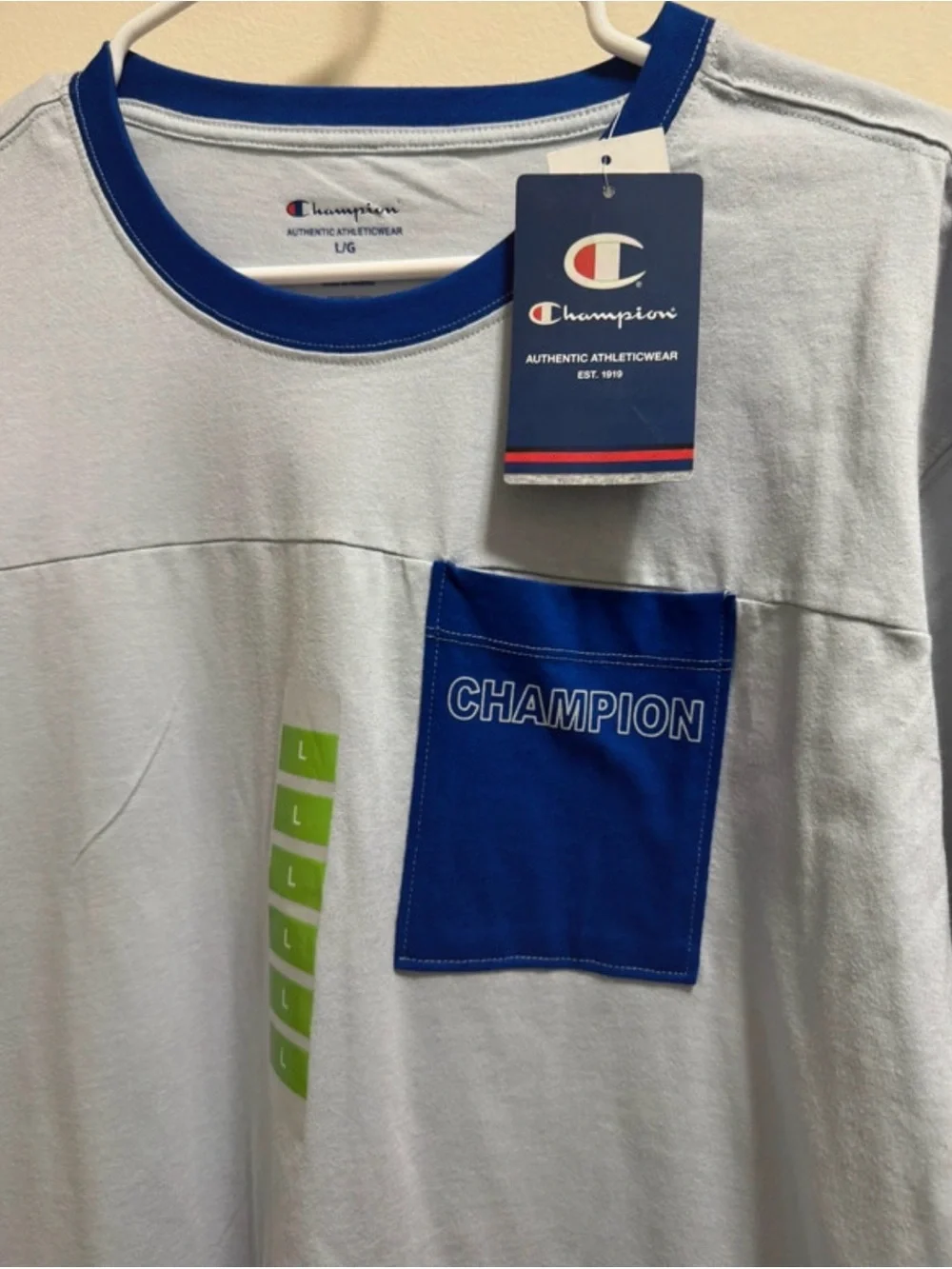 Champion Light Gray Short-Sleeve Tee with Blue Pocket - Picture 2 of 5